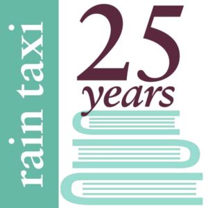 The logo of the book review Rain Taxi, with the journal's name in vertical letters running up the left side, and the phrase "25 years" on top of a stack of books.