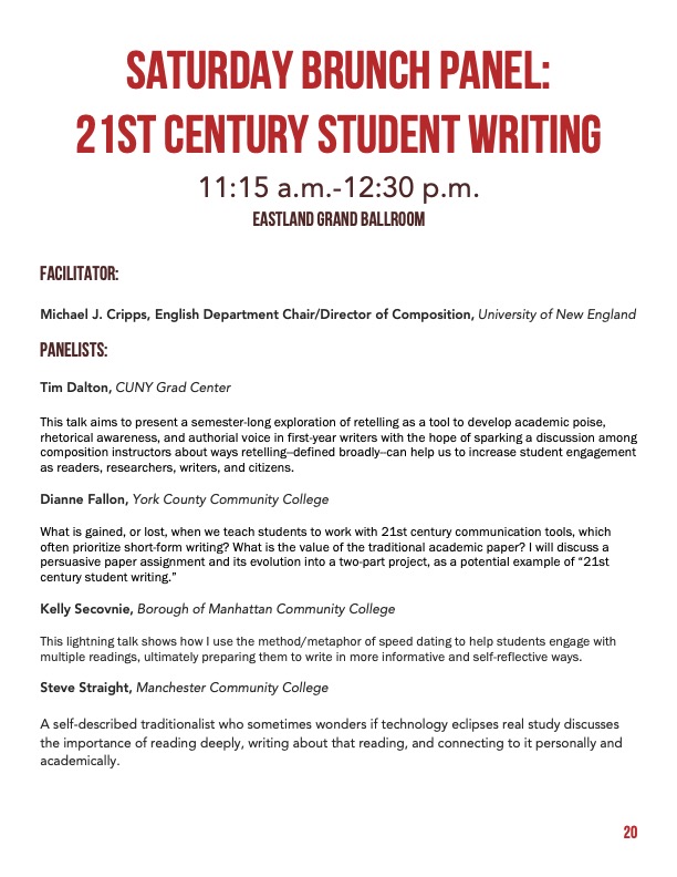 The program for a panel titled "21st Century Student Writing," chaired by Michael Cripps.