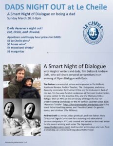 A flyer for an event called "Dads Night Out," featuring two local writers running a dialogue with neighborhood parents gender, books, and caring for very little kids while male. 