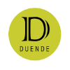 The logo of the online journal Duende: A black capital D with the word DUENDE underneath it, all in a lime green circle.
