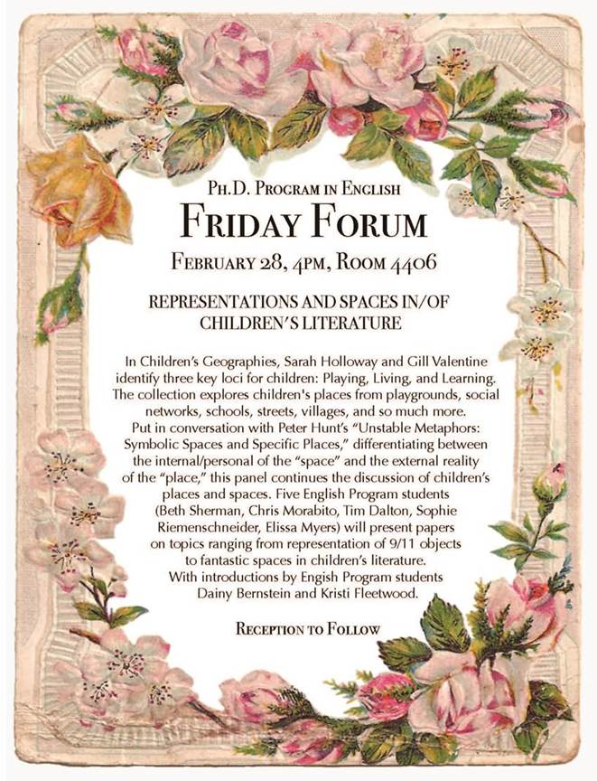 A flyer announces a "Friday Forum" on space in children's literature. The text is bordered by pastel flowers and old-fashioned textile.