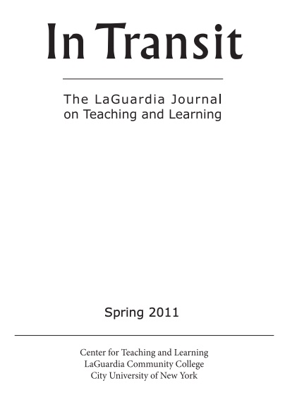 A plain white cover of In Transit: The LaGuardia Journal of Teaching and Learning, from Spring 2011