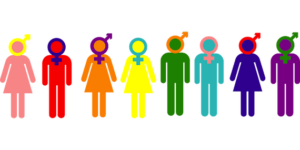 A line of stock figures in various colors and gender figurations. Male, female, and trans gender symbols outline their heads. 